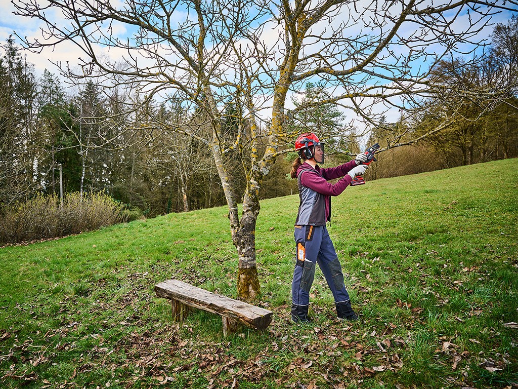 A woman chopping off a branch. 