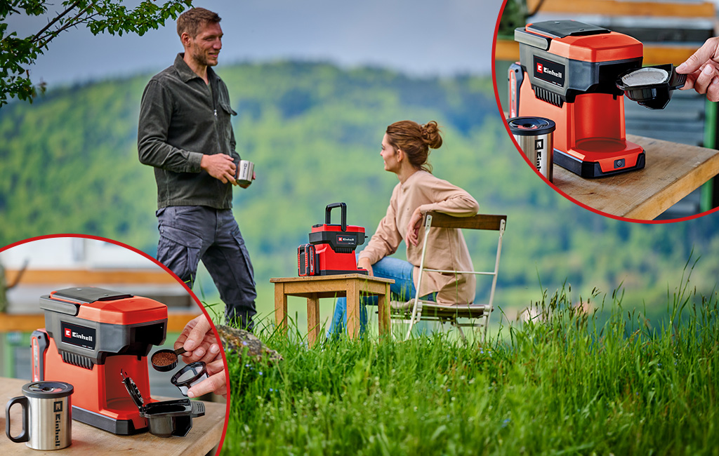 a man and a woman are drinking coffee on a meadow