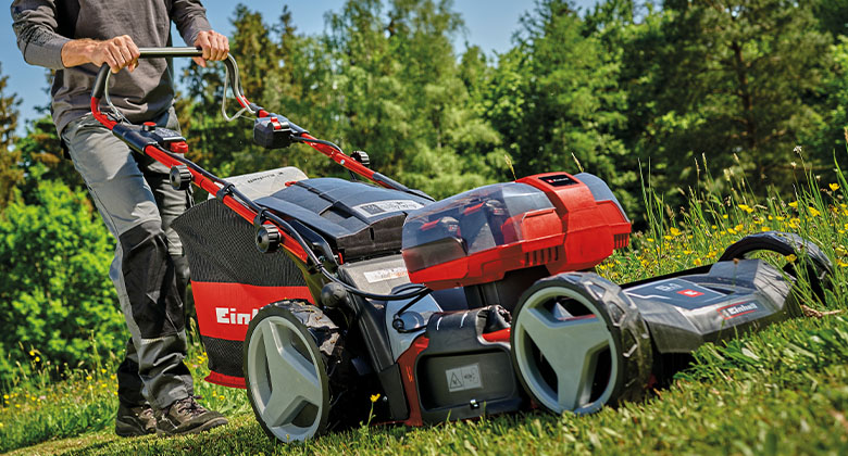 A large 36 V cordless lawnmower with wheel drive.